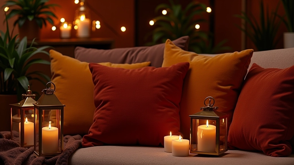 Autumn-themed room with burnt orange cushions, gold lanterns, and candles creating warm ambiance for bonfire night