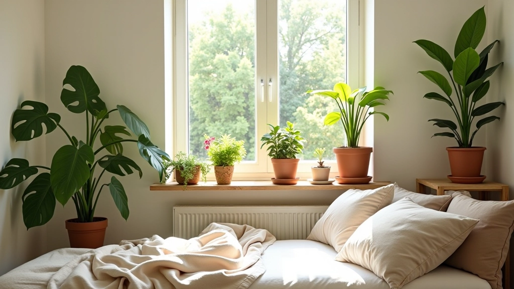 Bright living room with strategically placed indoor plants creating natural green accents and fresh atmosphere