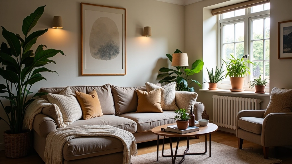 Beautifully decorated cosy British living room with throws, cushions, and plants creating a warm atmosphere