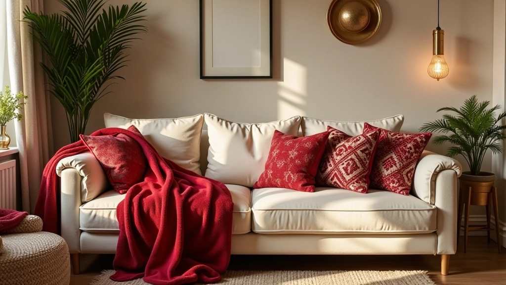 Cosy living room corner with layered textures including red throws, patterned cushions, and metallic accents on a cream sofa