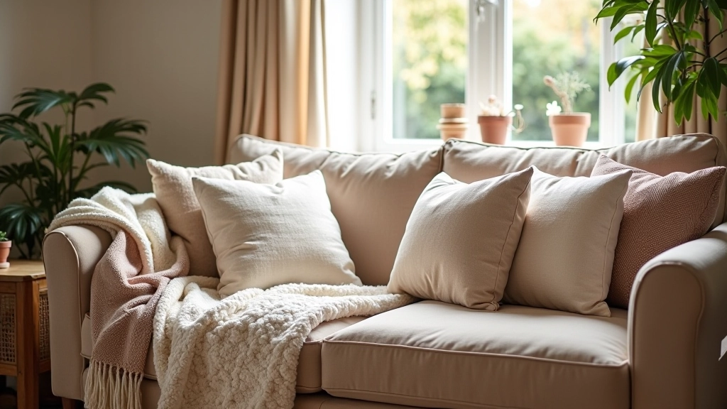 Layered throws and cushions arranged on a comfortable sofa with warm neutral tones and textured fabrics creating visual depth and comfort