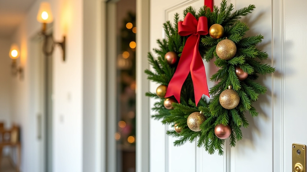Elegant Christmas wreath with gold baubles, red ribbon, and fresh greenery hanging on a white front door
