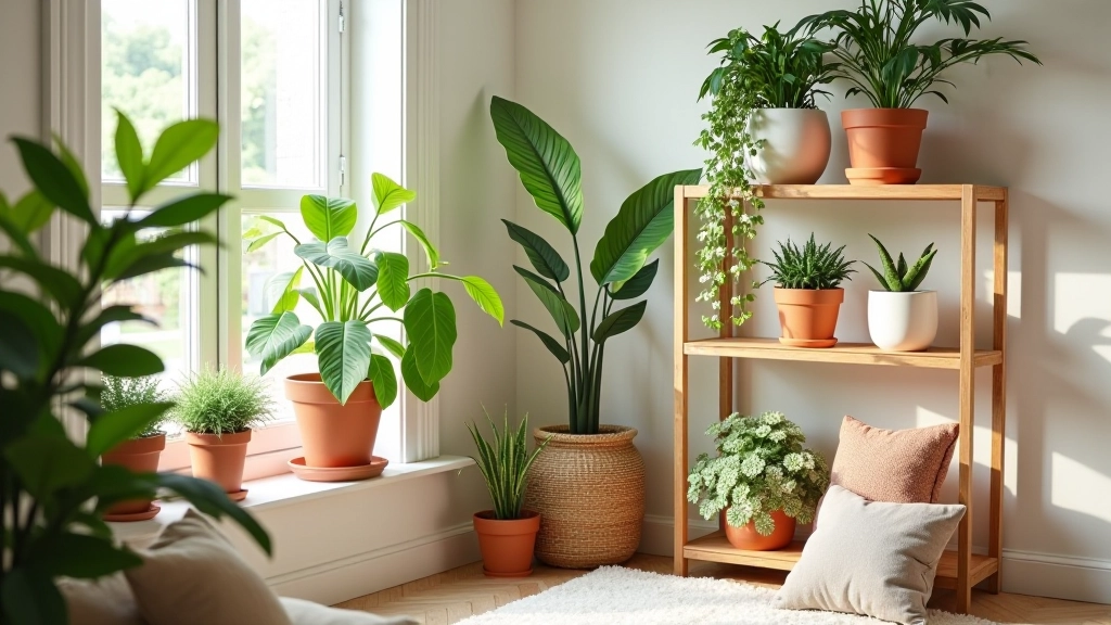 Styled corner of a British living room with plants arranged at different heights on shelves and plant stands with mixed ceramic and terracotta pots