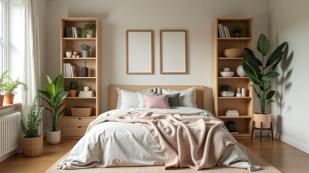 Rental bedroom with freestanding wooden shelving units, cube storage boxes, and hanging rails creating functional storage without wall installation