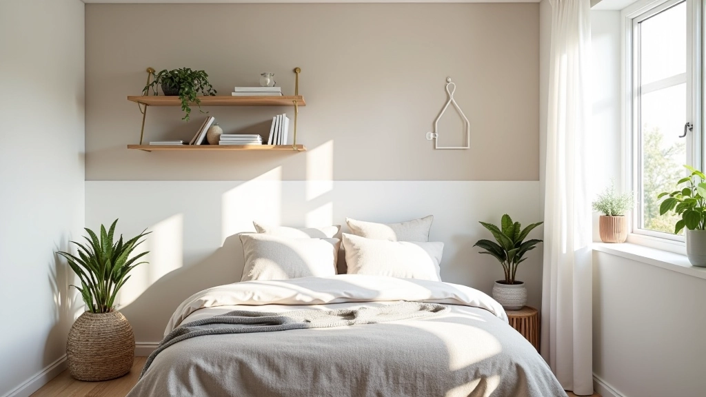 Modern rental bedroom styled with removable solutions including peel-and-stick wallpaper and fabric wall hangings
