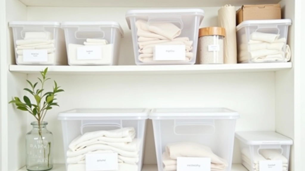 Organized storage area with clear plastic storage boxes labeled by season, neatly stacked on shelves