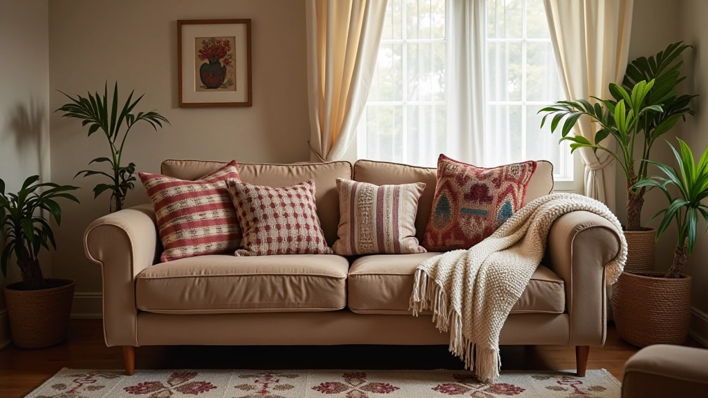 Cosy rental living room with layered textiles including patterned cushions, chunky knit throw, patterned rug, and curtains creating warmth and personality