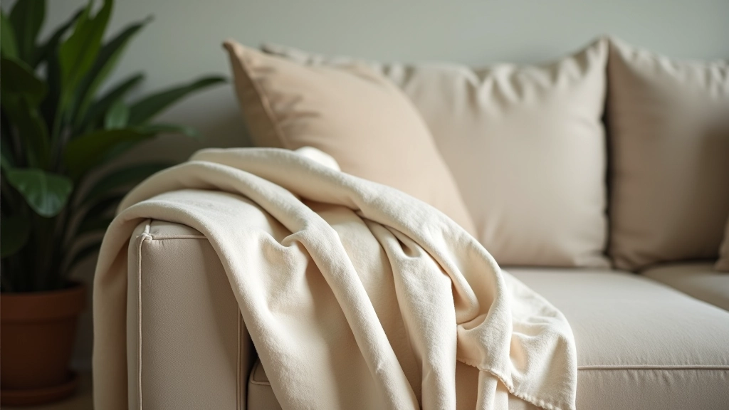 Throw blanket draped asymmetrically over sofa arm with cushions arranged behind showing professional layering technique