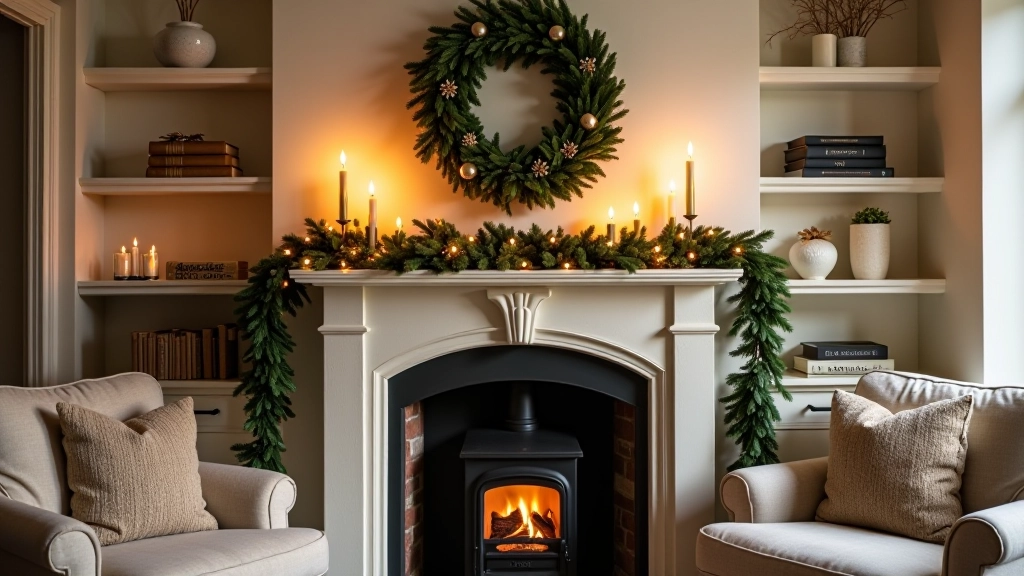 Traditional British fireplace decorated with festive seasonal decorations and warm lighting for Christmas