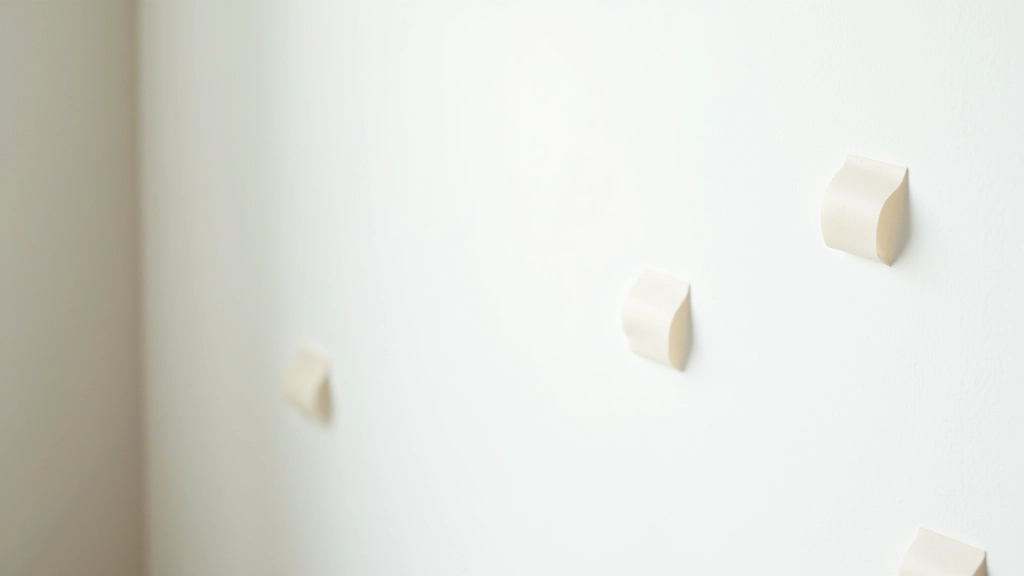 Close-up of removable adhesive strips applied to painted wall, showing various sizes and strength ratings